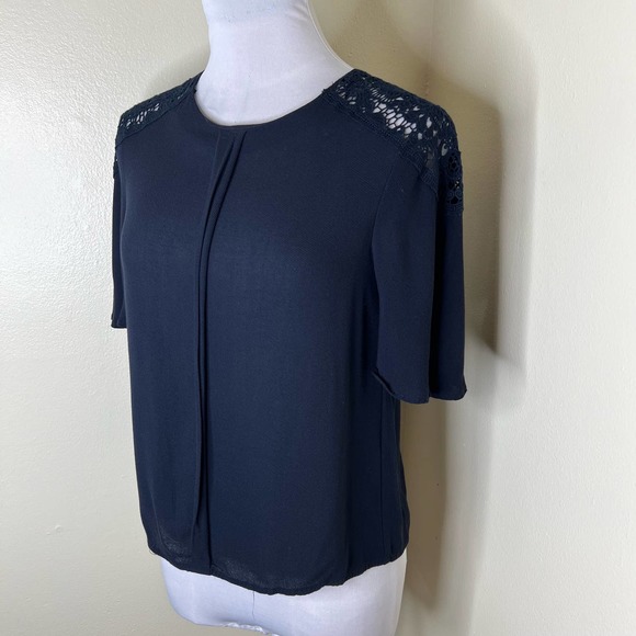 ZARA Basic Blouse XS Navy Blue Lace Shoulder Button Back Minimalist Crewneck - Picture 3 of 5